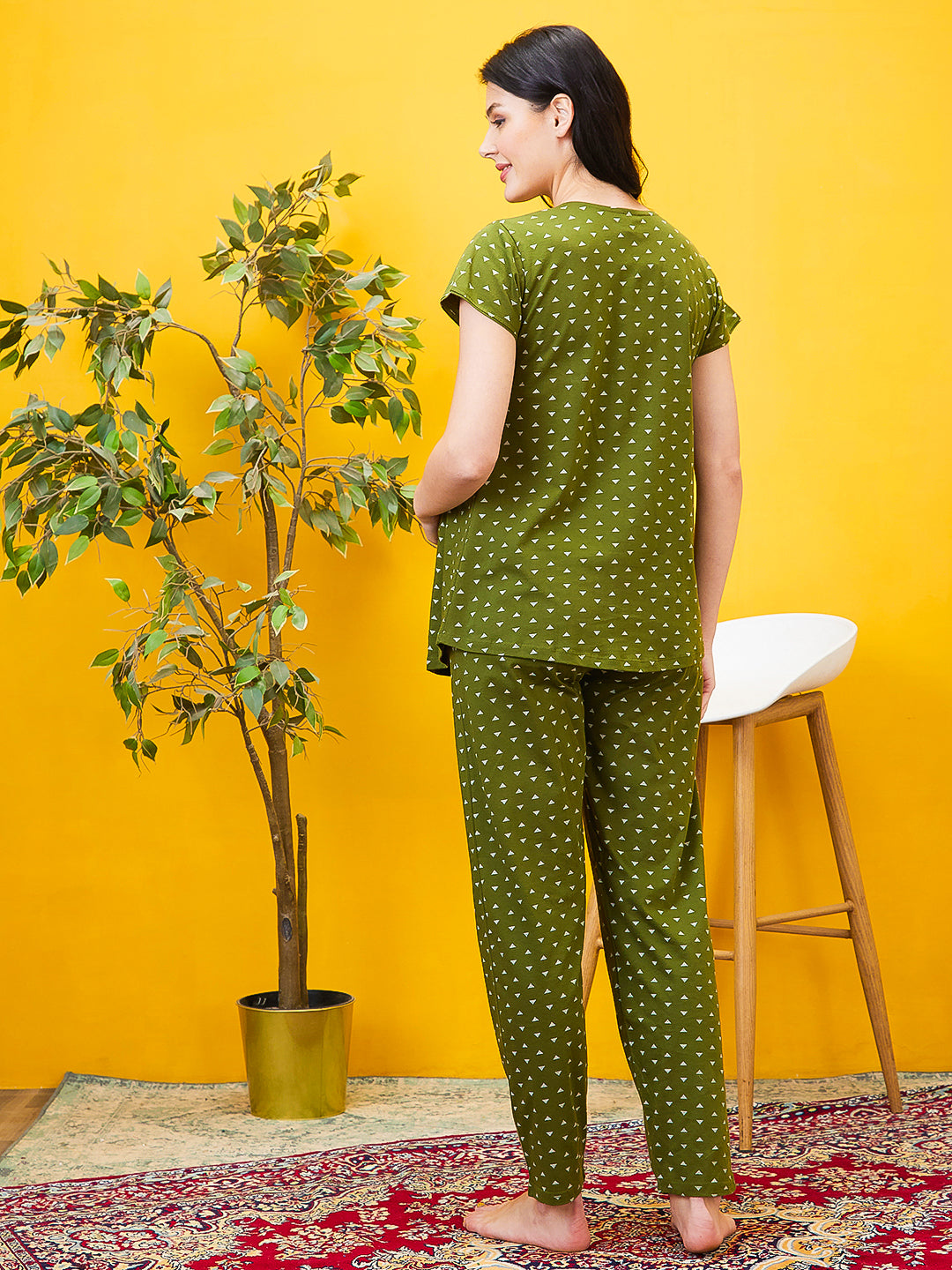 AV2 Women Cotton Printed Maternity & Feeding Top & Pyjama Set - Olive 2993B