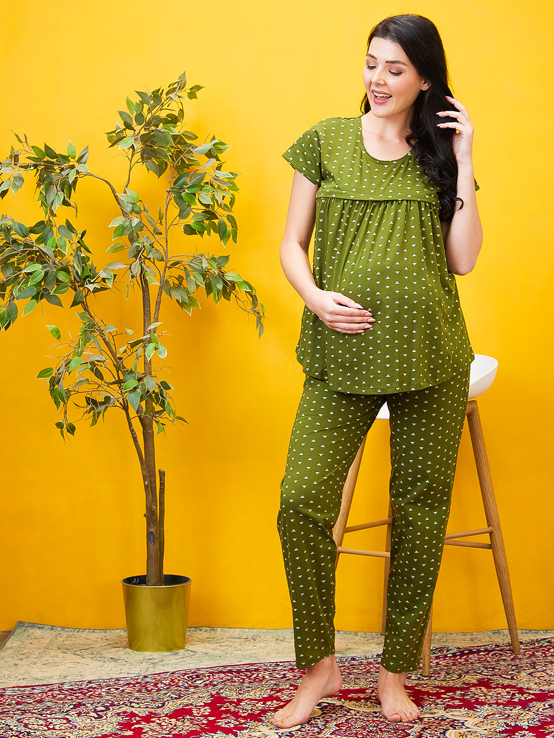 AV2 Women Cotton Printed Maternity & Feeding Top & Pyjama Set - Olive 2993B