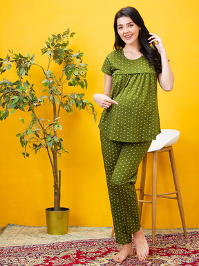 AV2 Women Cotton Printed Maternity & Feeding Top & Pyjama Set - Olive 2993B