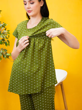 AV2 Women Cotton Printed Maternity & Feeding Top & Pyjama Set - Olive 2993B