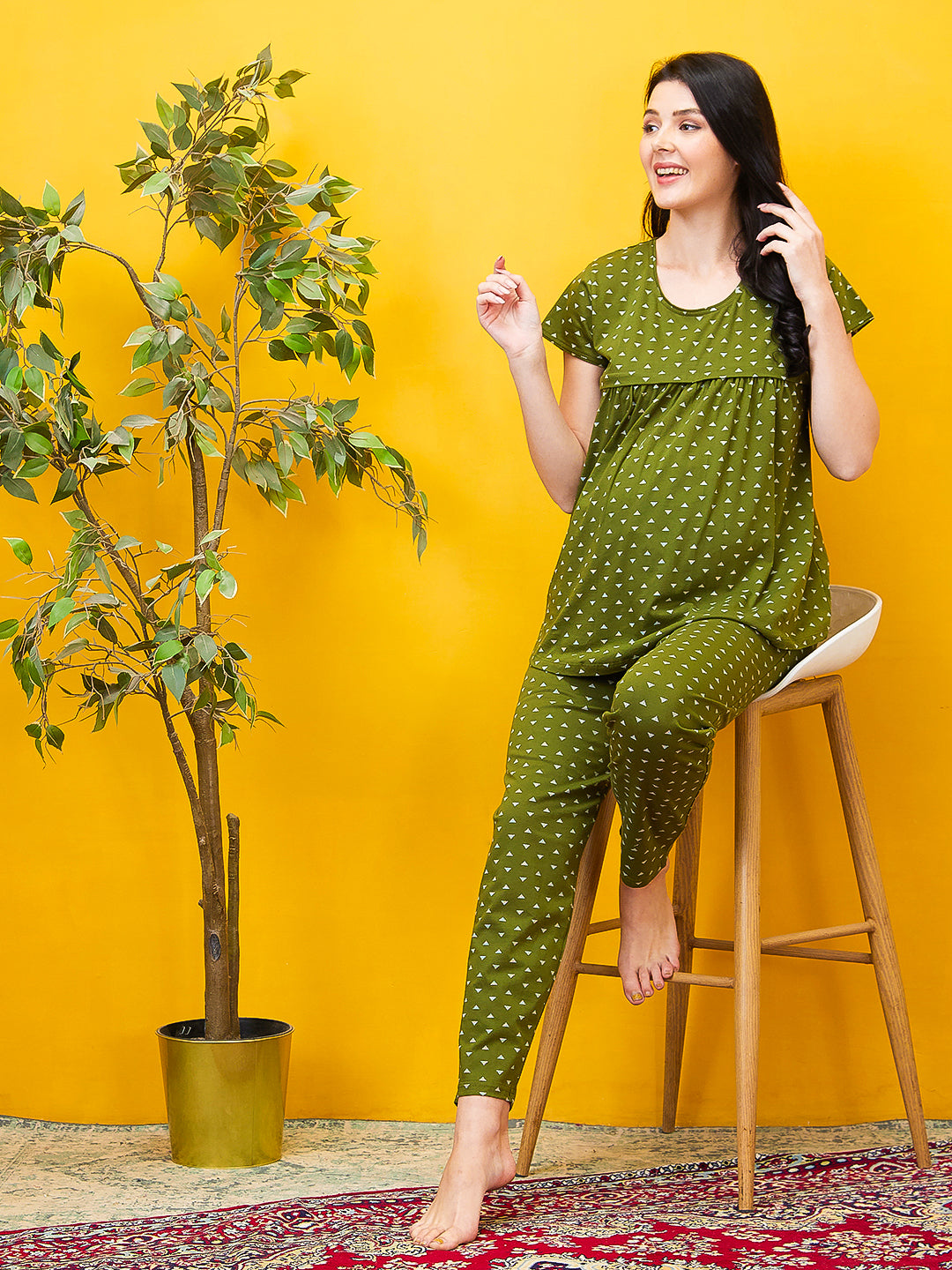 AV2 Women Cotton Printed Maternity & Feeding Top & Pyjama Set - Olive 2993B