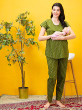 AV2 Women Cotton Printed Maternity & Feeding Top & Pyjama Set - Olive 2993B