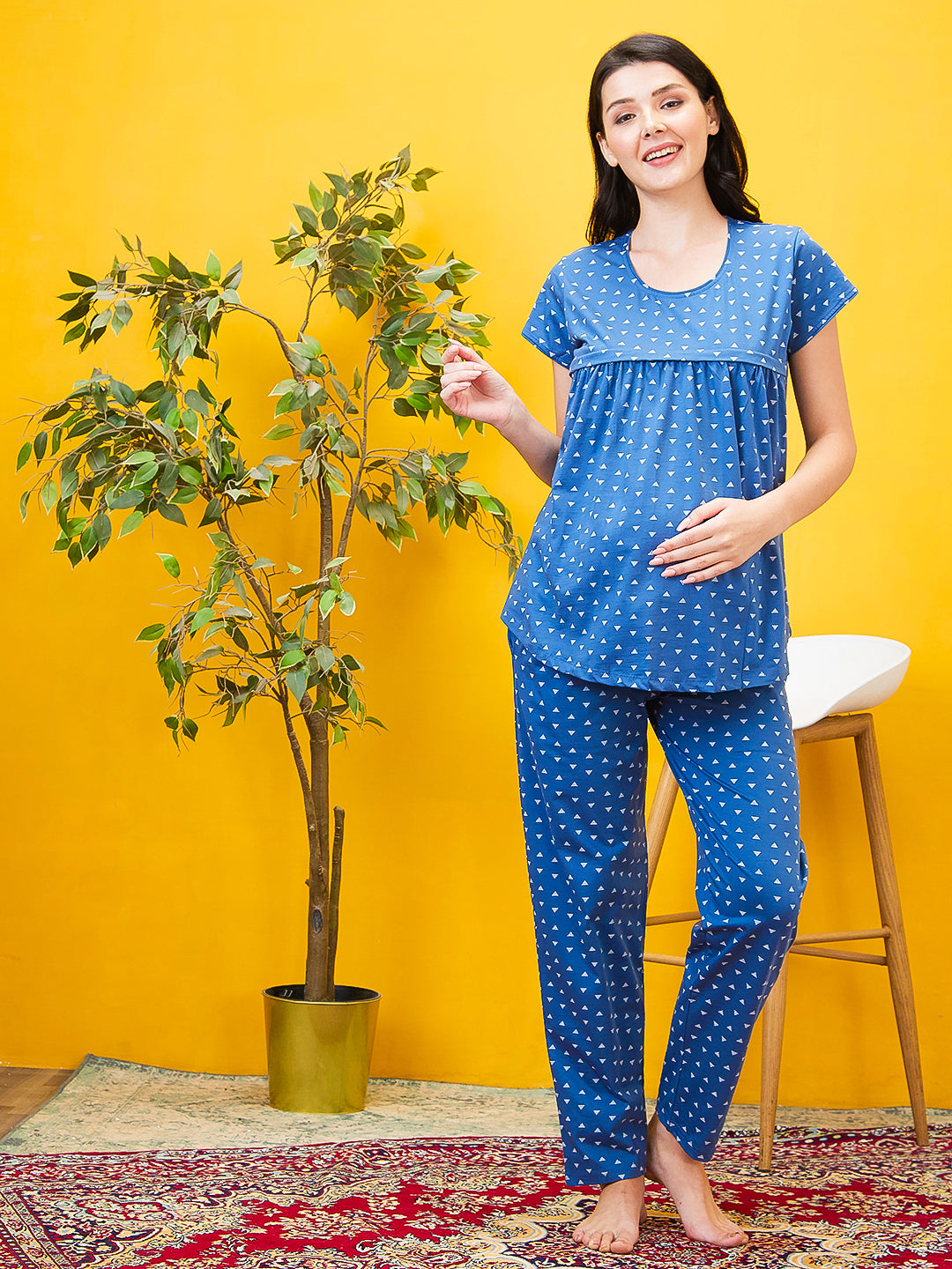 AV2 Women Cotton Printed Maternity & Feeding Top & Pyjama Set - Blue 2993C