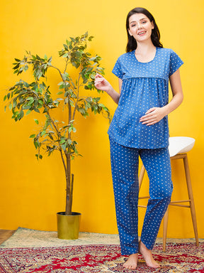 AV2 Women Cotton Printed Maternity & Feeding Top & Pyjama Set - Blue 2993C