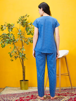 AV2 Women Cotton Printed Maternity & Feeding Top & Pyjama Set - Blue 2993C