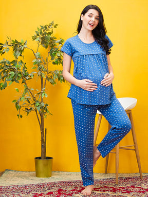 AV2 Women Cotton Printed Maternity & Feeding Top & Pyjama Set - Blue 2993C