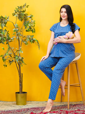 AV2 Women Cotton Printed Maternity & Feeding Top & Pyjama Set - Blue 2993C