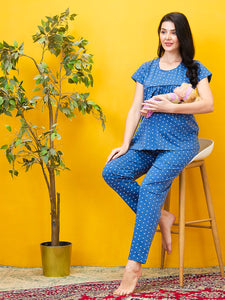 AV2 Women Cotton Printed Maternity & Feeding Top & Pyjama Set - Blue 2993C