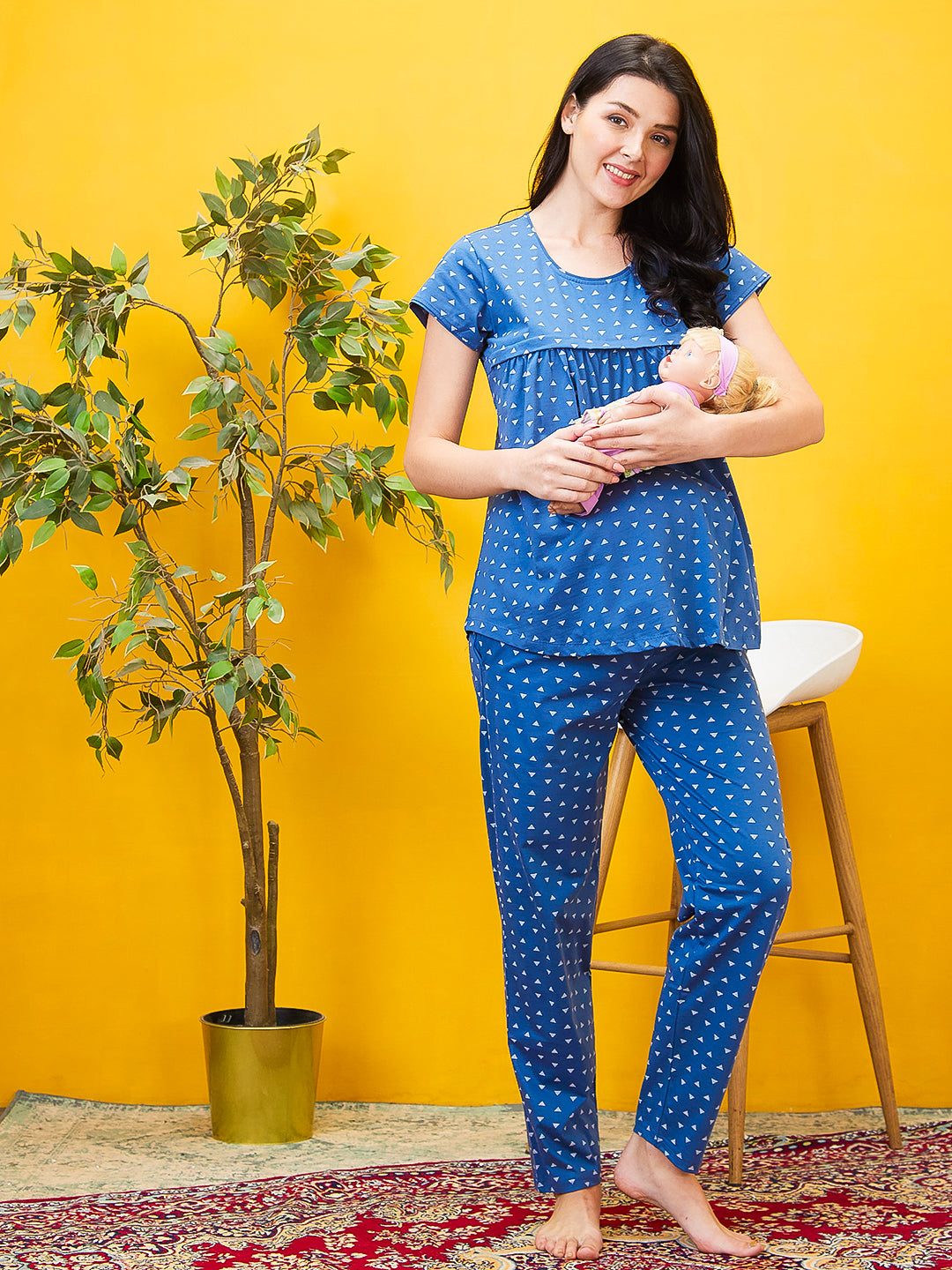 AV2 Women Cotton Printed Maternity & Feeding Top & Pyjama Set - Blue 2993C