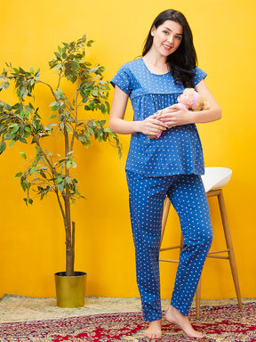 AV2 Women Cotton Printed Maternity & Feeding Top & Pyjama Set - Blue 2993C