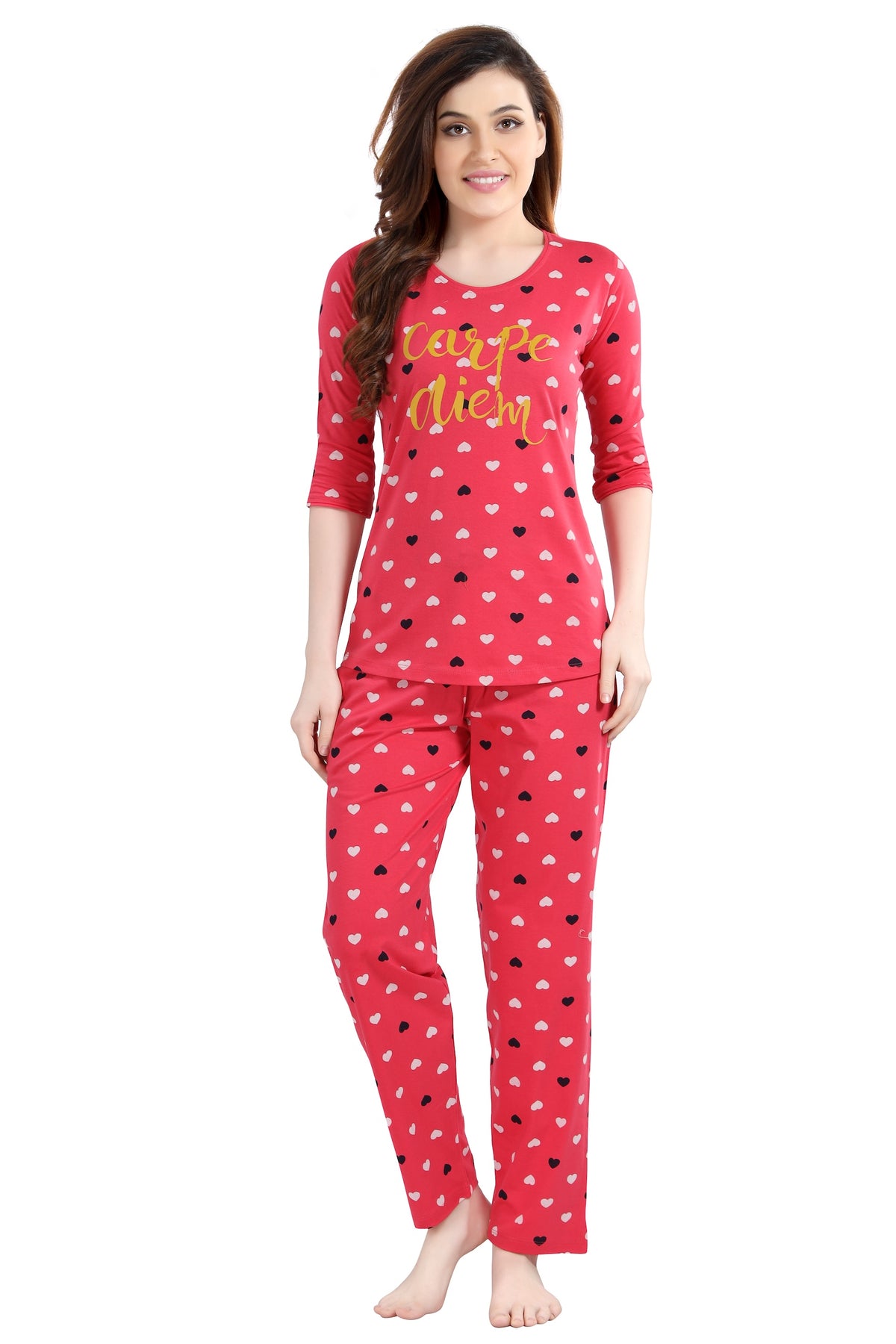AV2 Women Cotton Heart Allover Printed Nightsuit set Red - 2995B