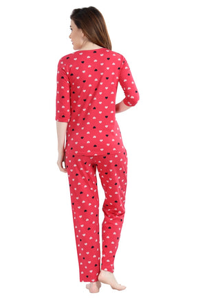 AV2 Women Cotton Heart Allover Printed Nightsuit set Red - 2995B