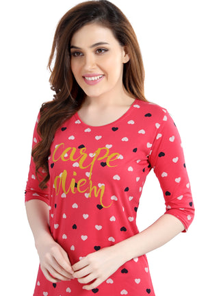 AV2 Women Cotton Heart Allover Printed Nightsuit set Red - 2995B