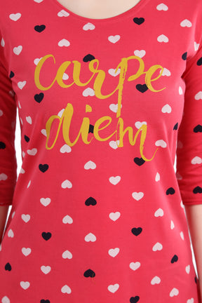 AV2 Women Cotton Heart Allover Printed Nightsuit set Red - 2995B