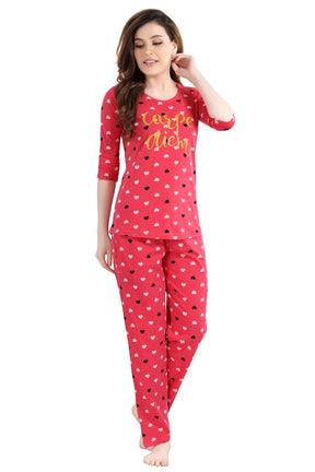 AV2 Women Cotton Heart Allover Printed Nightsuit set Red - 2995B