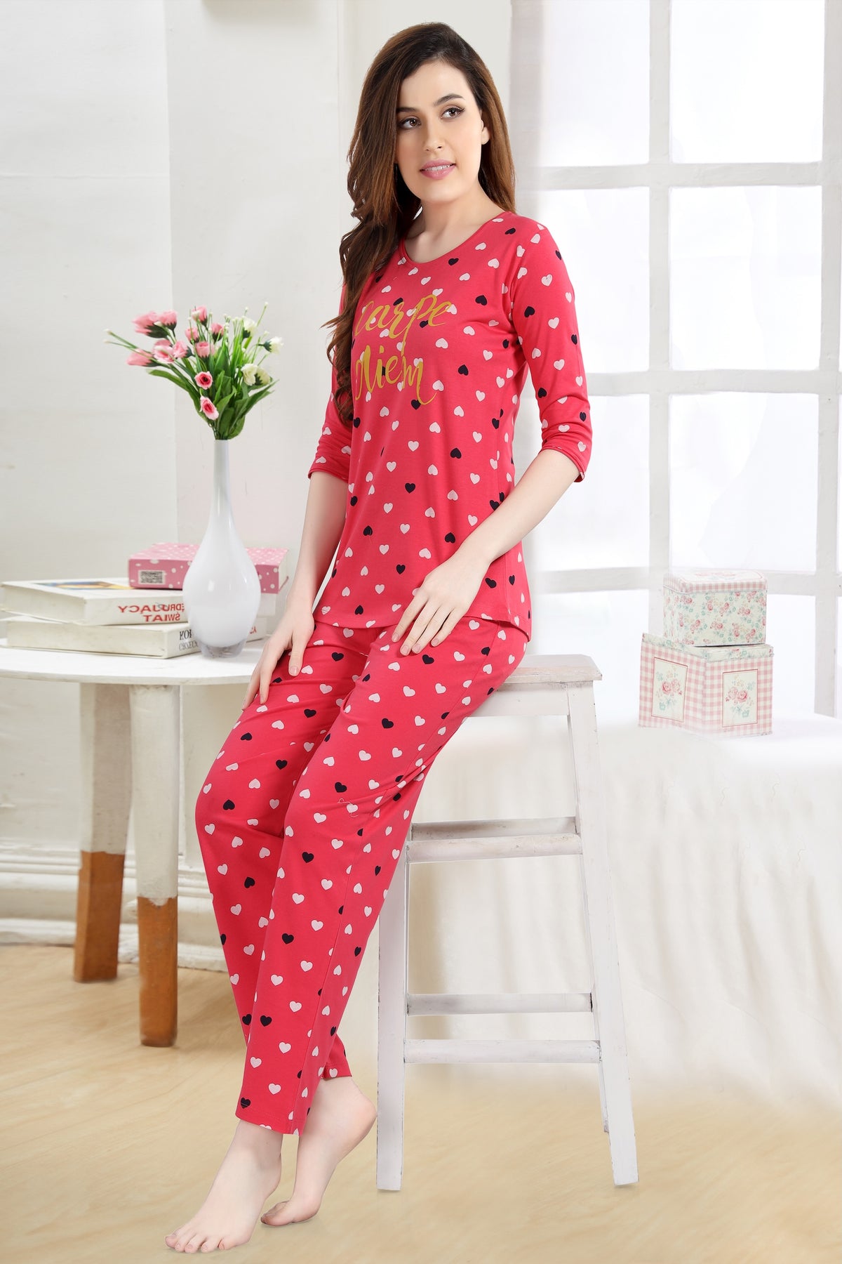AV2 Women Cotton Heart Allover Printed Nightsuit set Red - 2995B