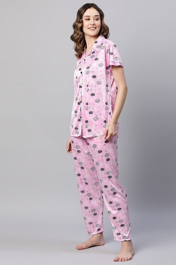 AV2 Women Satin Short Sleeve Top And Pyjama Nightsuit Set Pink - 2298A