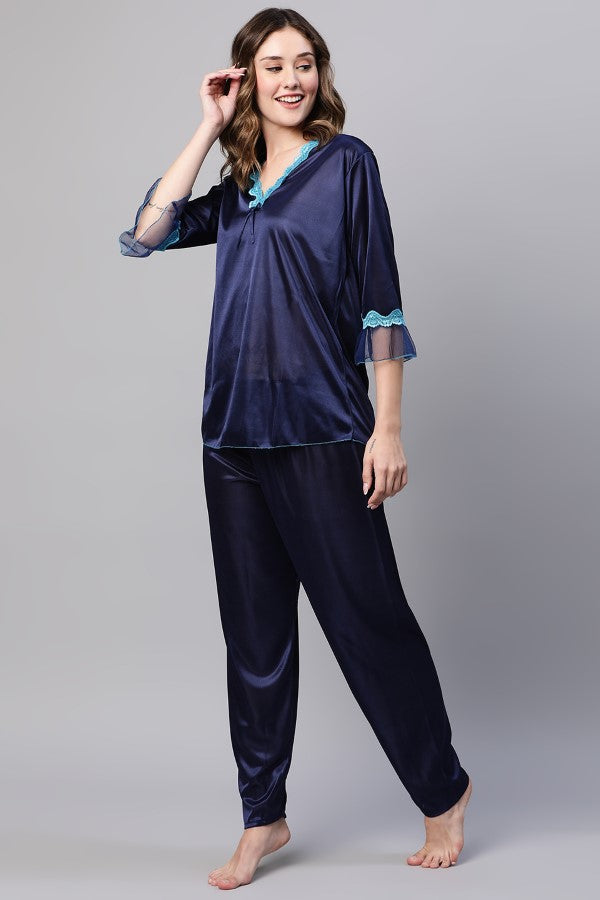 AV2 Women Satin Top and Pajama Nightsuit Set Navy - 2326D