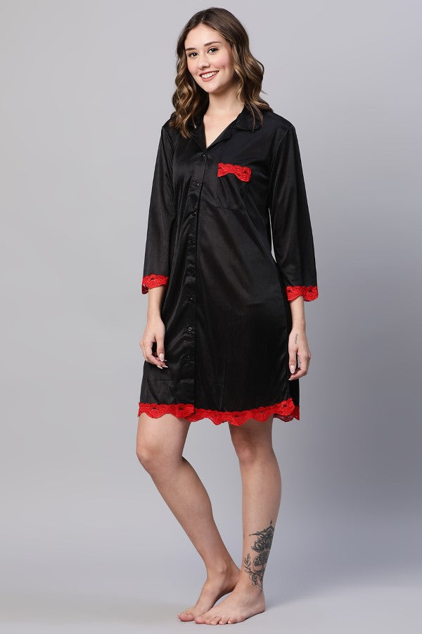 AV2 Women Satin Sleepshirt Night dress Black - 1560BLACK