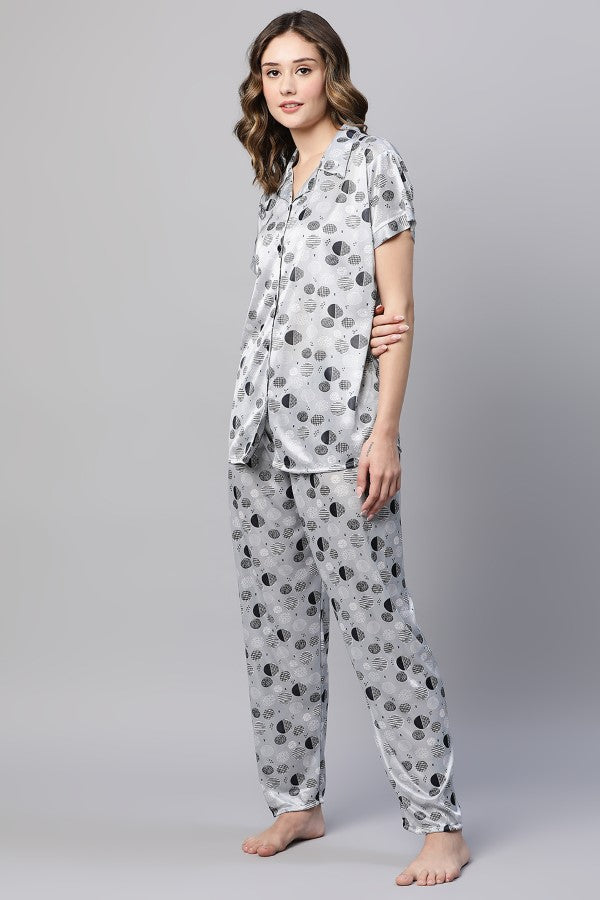 AV2 Women Cotton Printed Top & Pyjama Nightsuit set Grey - 2298B