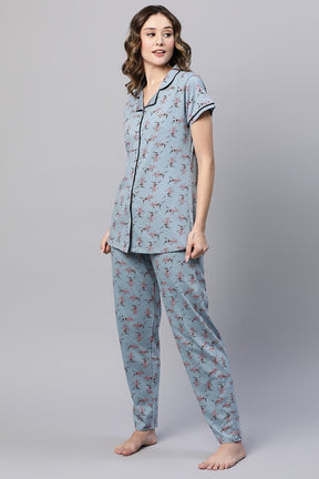 AV2 Women Cotton Floral Printed Top & Pyjama Nighsuit Set GREY - 2983A