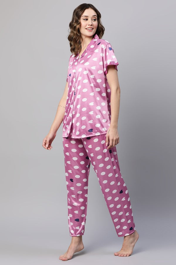 AV2 Women Satin Short Sleeve Top And Pyjama Nightsuit Set Pink - 2297B