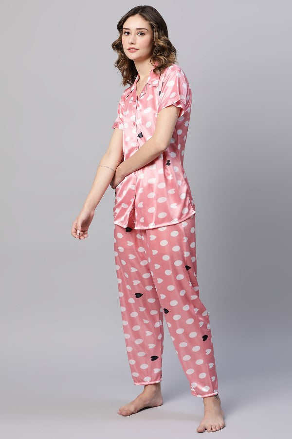 AV2 Women Satin Short Sleeve Top And Pyjama Nightsuit Set Peach - 2297A