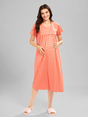 AV2 Women Printed Maternity Feeding Nighty Peach - 3092A