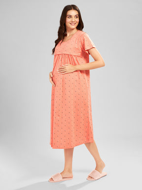 AV2 Women Printed Maternity Feeding Nighty Peach - 3092A