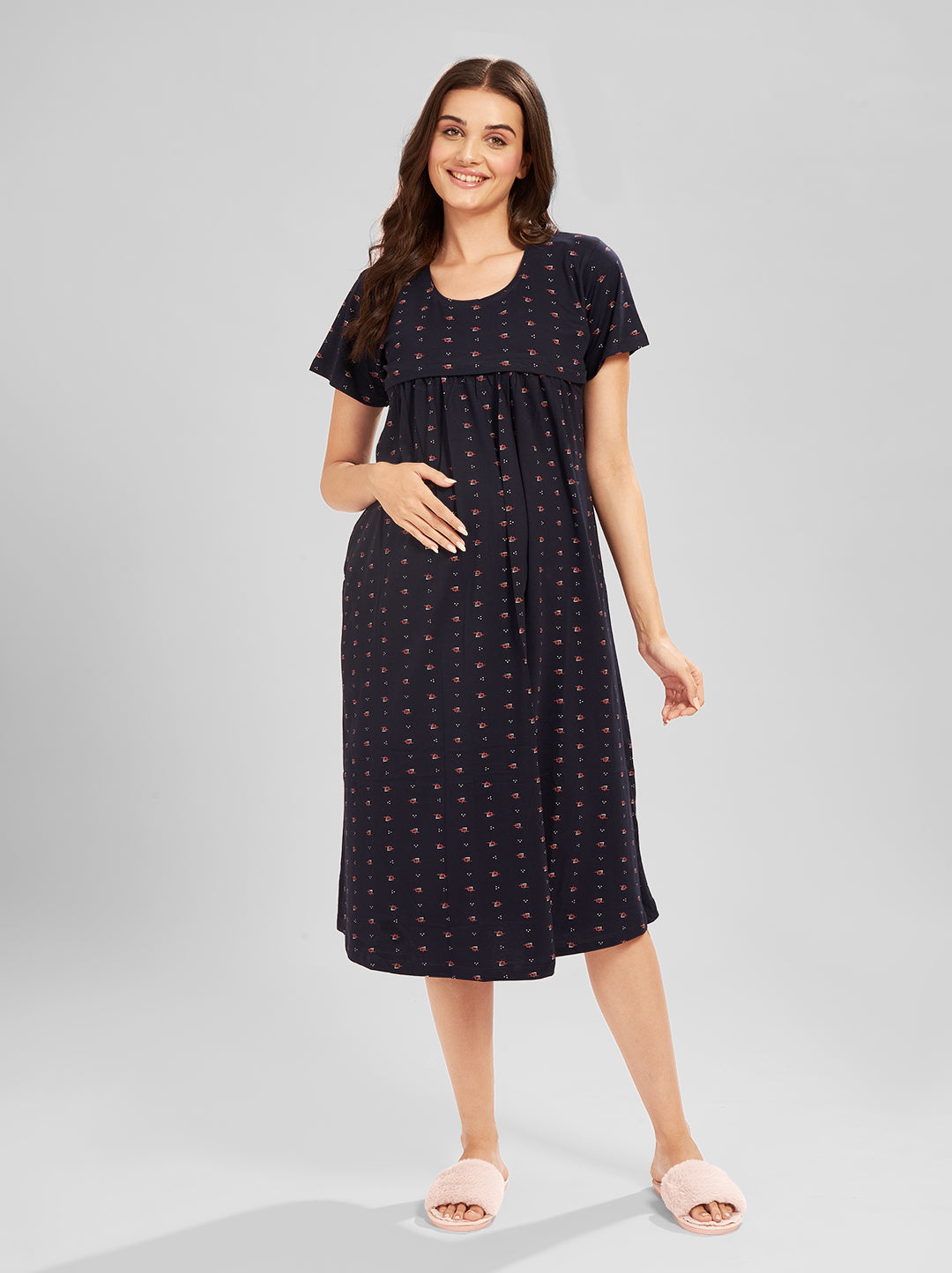 AV2 Women Printed Maternity Feeding Nighty Black - 3092B