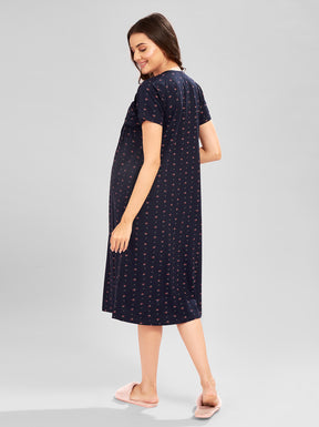 AV2 Women Printed Maternity Feeding Nighty Black - 3092B