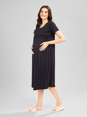 AV2 Women Printed Maternity Feeding Nighty Black - 3092B