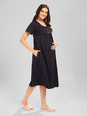 AV2 Women Printed Maternity Feeding Nighty Black - 3092B