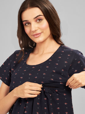 AV2 Women Printed Maternity Feeding Nighty Black - 3092B