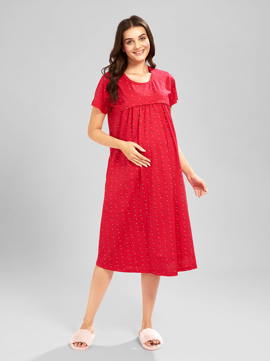 AV2 Women Printed Maternity Feeding Nighty Red - 3092C
