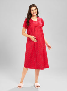 AV2 Women Printed Maternity Feeding Nighty Red - 3092C