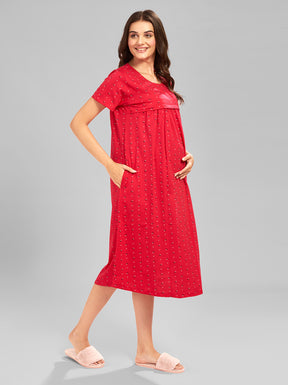 AV2 Women Printed Maternity Feeding Nighty Red - 3092C