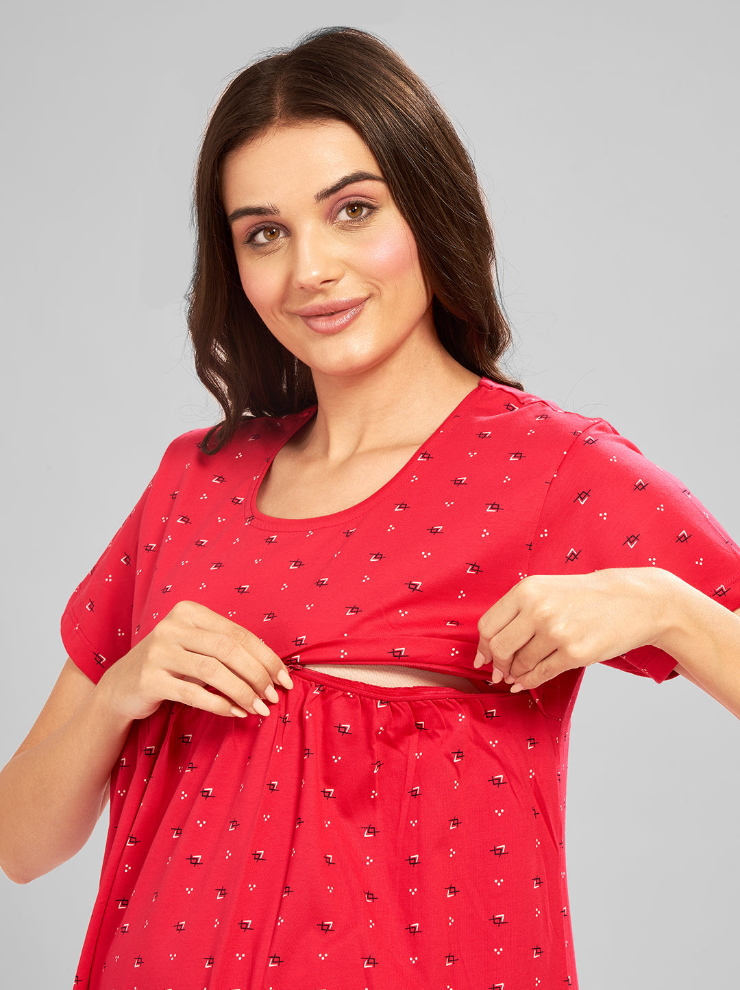 AV2 Women Printed Maternity Feeding Nighty Red - 3092C