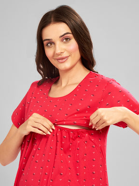 AV2 Women Printed Maternity Feeding Nighty Red - 3092C