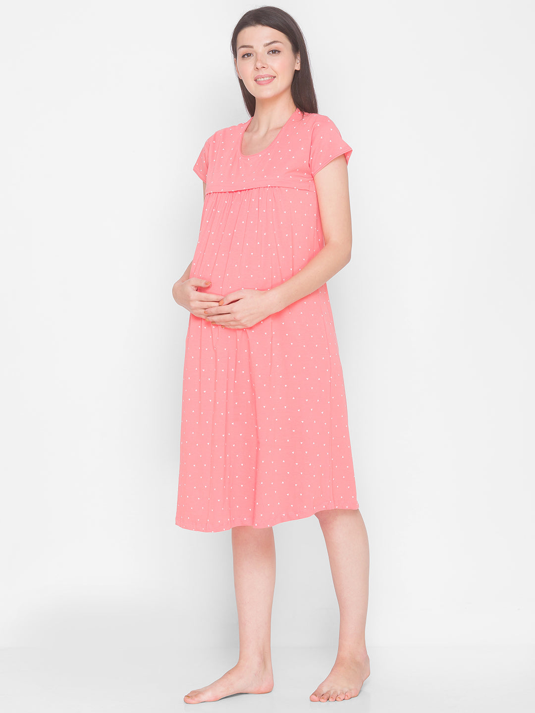 AV2 Women's Cotton Floral Calf Length Maternity Nighty - Pink 3094A