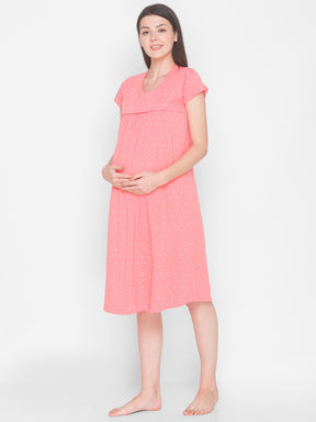 AV2 Women's Cotton Floral Calf Length Maternity Nighty - Pink 3094A