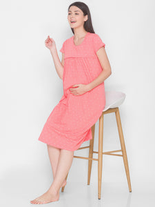 AV2 Women's Cotton Floral Calf Length Maternity Nighty - Pink 3094A