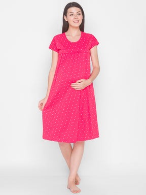 AV2 Women's Cotton Floral Calf Length Maternity Nighty - Red 3094B