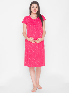 AV2 Women's Cotton Floral Calf Length Maternity Nighty - Red 3094B