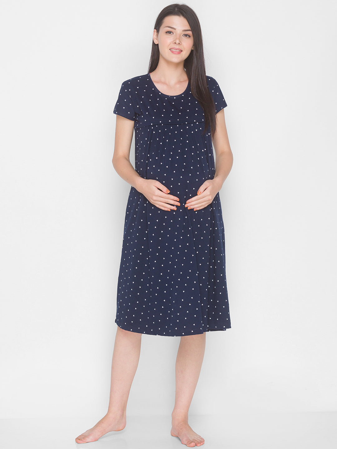 AV2 Women's Cotton Floral Calf Length Maternity Nighty - Navy 3094C