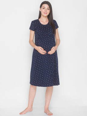 AV2 Women's Cotton Floral Calf Length Maternity Nighty - Navy 3094C