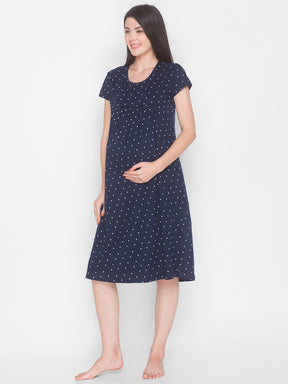 AV2 Women's Cotton Floral Calf Length Maternity Nighty - Navy 3094C