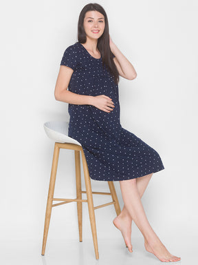 AV2 Women's Cotton Floral Calf Length Maternity Nighty - Navy 3094C