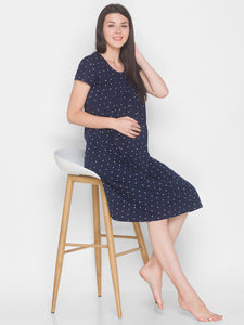 AV2 Women's Cotton Floral Calf Length Maternity Nighty - Navy 3094C