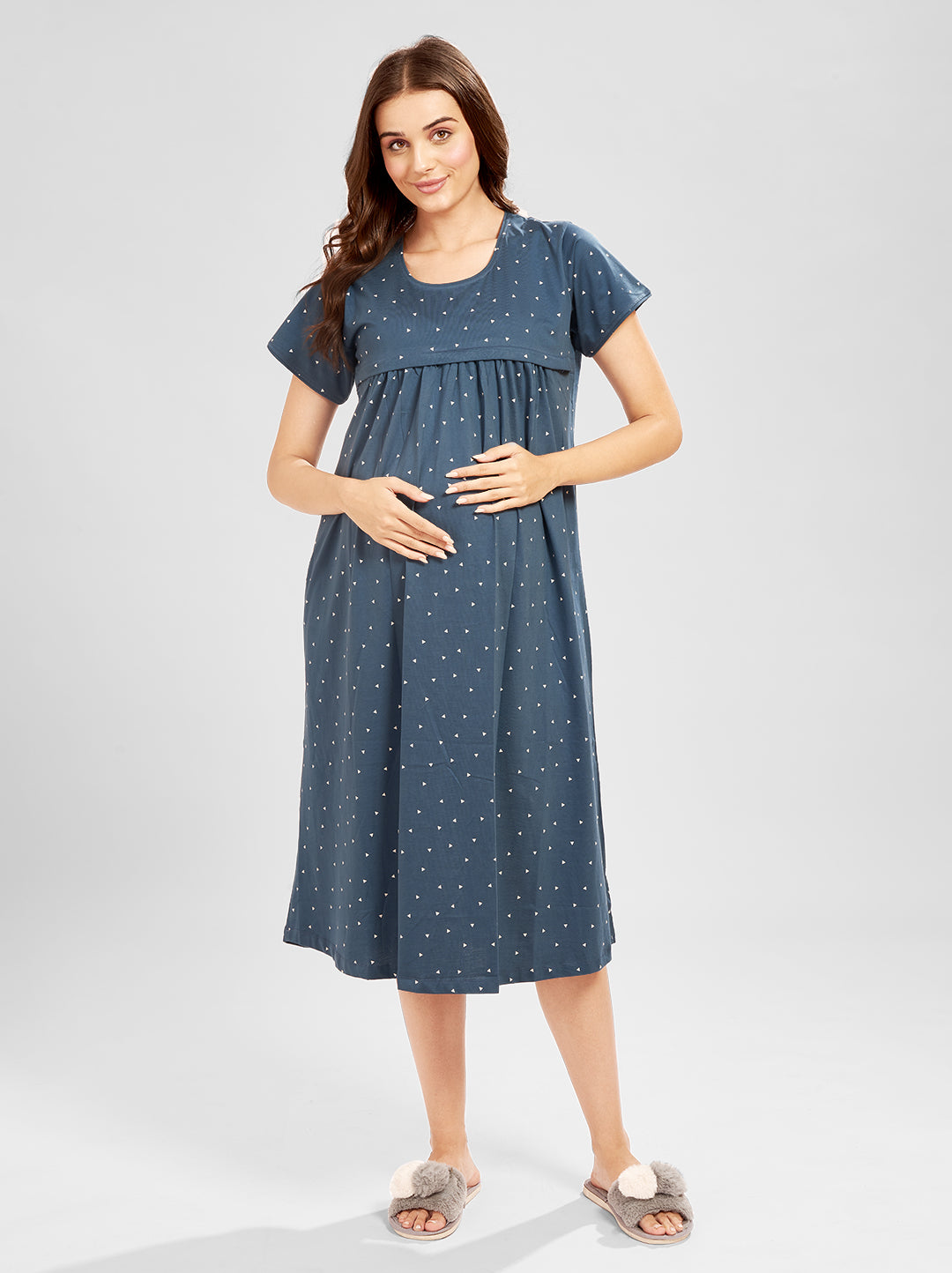 AV2 Women's Cotton Floral Calf Length Maternity Nighty - Blue 3094D